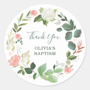 Pegatina Redonda Acuarela floral rosa y verde   Gracias