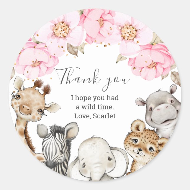 Pegatina Redonda Acuarela Floral Safari Animales Peony Birthday Cl (Anverso)