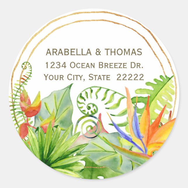 Pegatina Redonda Acuarela floral tropical de dirección de devolució (Anverso)