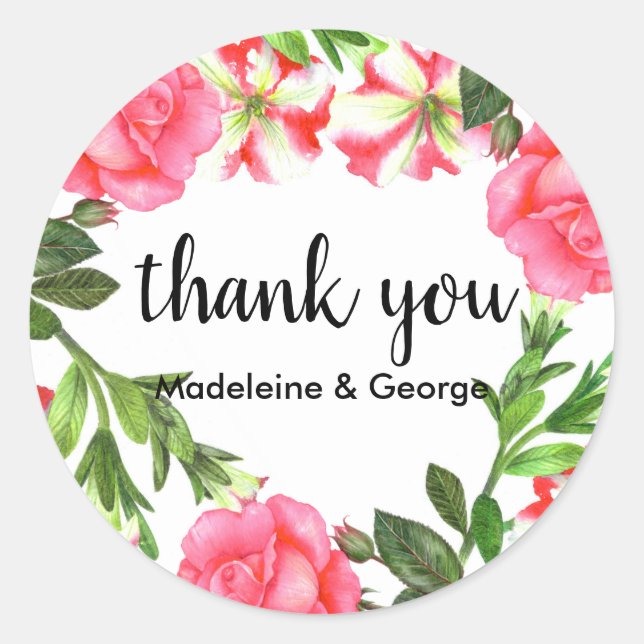 Pegatina Redonda Acuarela Flores rosadas Monograma de flor circular (Anverso)