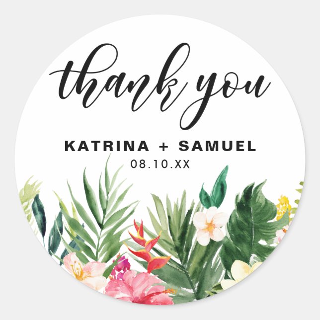 Pegatina Redonda Acuarela Flores Tropicales Boda Gracias (Anverso)
