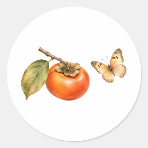 Pegatina Redonda Acuarela Fruta Caqui y Mariposa