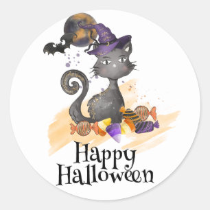 Pegatina Redonda Acuarela Gato negro con caramelos, Halloween