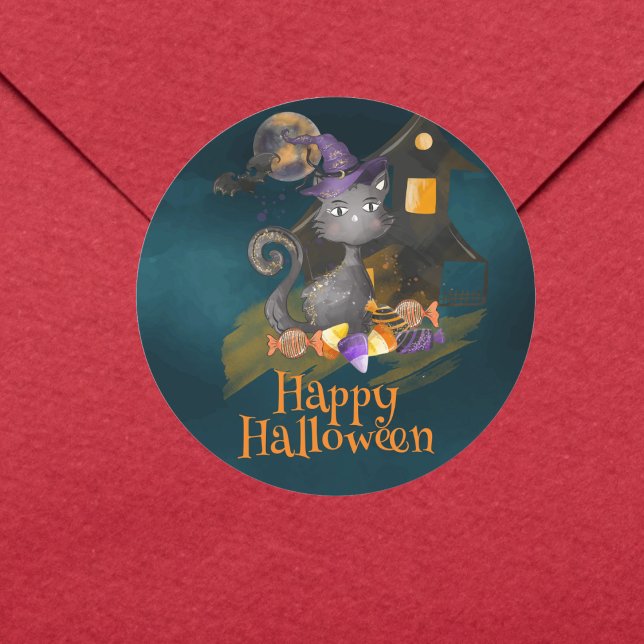 Pegatina Redonda Acuarela Gato negro con caramelos, Halloween (Subido por el creador)