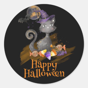 Pegatina Redonda Acuarela Gato negro con caramelos, Halloween
