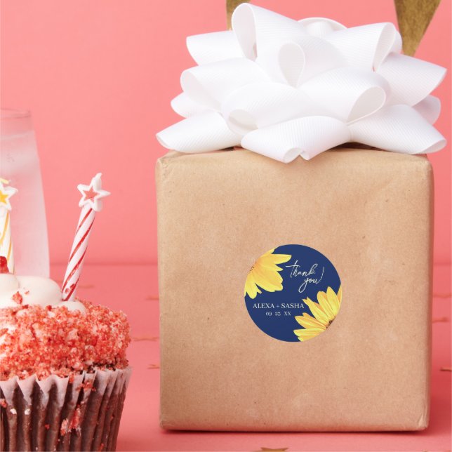 Pegatina Redonda Acuarela girasoles azul oscuro Boda Minimalista (Fiesta)