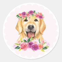 Acuarela Golden Retriever con corona floral
