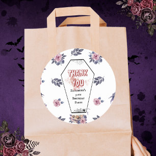 Pegatina Redonda Acuarela gótica Coffin Skull Raven Rosa Cumpleaños