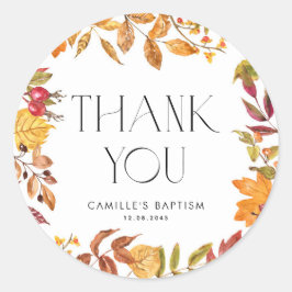 Pegatina Redonda Acuarela Hojas de Otoño Baptismo De Vecina Gracias
