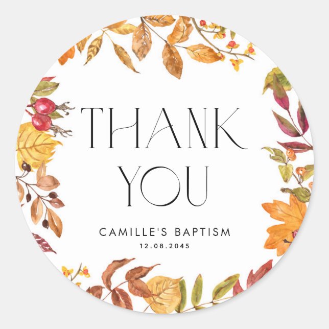 Pegatina Redonda Acuarela Hojas de Otoño Baptismo De Vecina Gracias (Anverso)