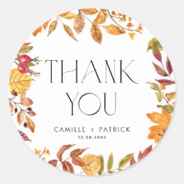 Pegatina Redonda Acuarela Hojas de Otoño Wreath Boda Gracias