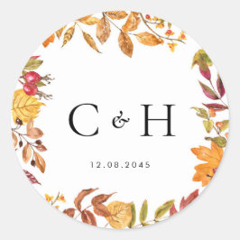 Pegatina Redonda Acuarela Hojas otoñales Boda Wreath Monograma