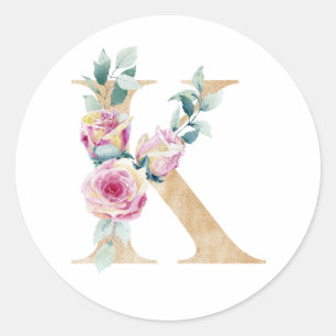 Pegatina Redonda Acuarela letra K con rosas