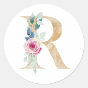 Pegatina Redonda Acuarela letra R con rosas