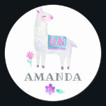 Pegatina Redonda Acuarela Llama Kids Birthday Fiesta<br><div class="desc">Personalizable de los pegatinas del Partido de Cumpleaños de Cute Llama a los detalles de tu evento.</div>