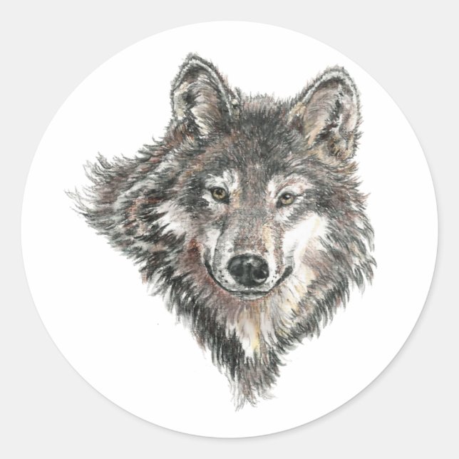 Pegatina Redonda Acuarela Lobo Gris Logo Lobo Animal Lobos Naturale (Anverso)