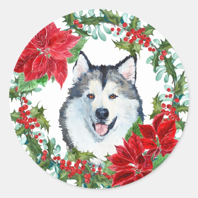 Pegatina Redonda Acuarela Malamuta Perro Poinsettia Wreath de vacac (Anverso)