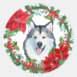 Pegatina Redonda Acuarela Malamuta Perro Poinsettia Wreath de vacac