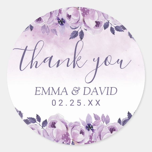 Pegatina Redonda Acuarela Mauve Floral Elegante Boda Gracias (Anverso)