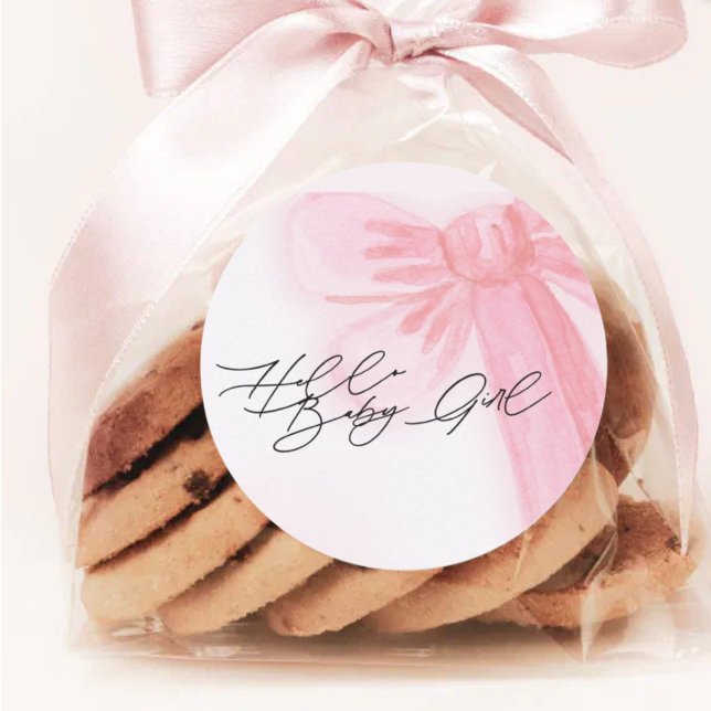 Pegatina Redonda Acuarela moderna Rubor Rosa Bow Hello Baby Girl (Subido por el creador)