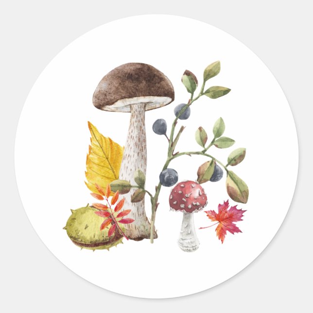 Pegatina Redonda Acuarela Mushrooms, hojas otoñales, bayas (Anverso)