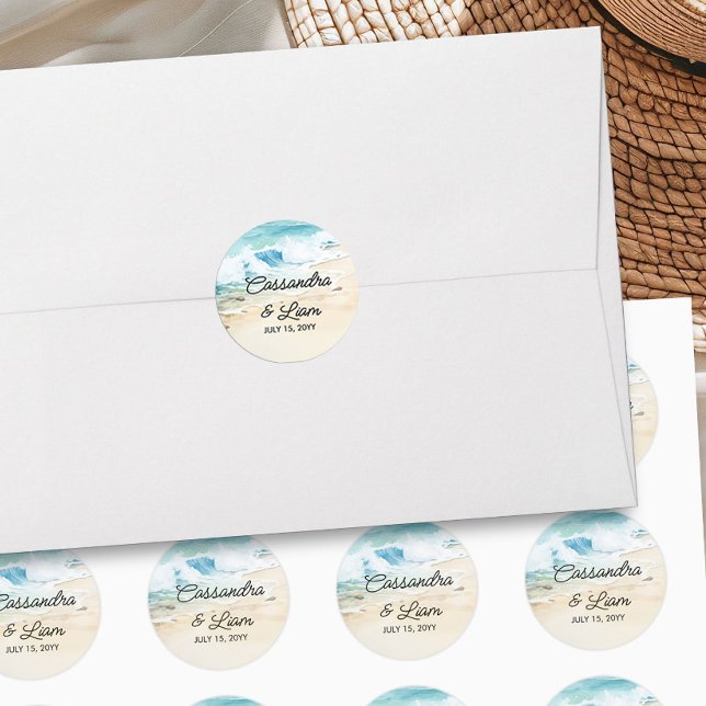 Pegatina Redonda Acuarela Ocean Sand Beach Boda temático (Bride and Groom watercolor stickers from the Summer Beach Wedding Collection by Darling & May)