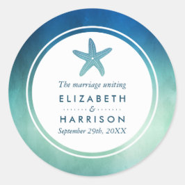 Pegatina Redonda Acuarela Océano Starfish Beach Wedding Gracias