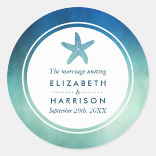 Pegatina Redonda Acuarela Océano Starfish Beach Wedding Gracias