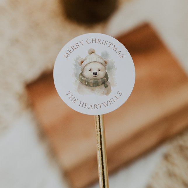 Pegatina Redonda Acuarela Oso Polar Personalizado Feliz Navidad (Subido por el creador)