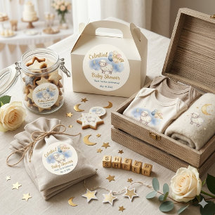 Pegatina Redonda Acuarela Ovejas Celestiales y Globos Baby Shower