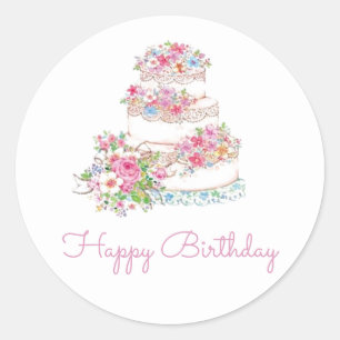 Pegatina Redonda Acuarela Pastel de flores Feliz cumpleaños