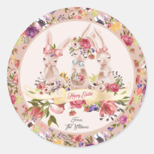Pegatina Redonda Acuarela Personalizada Feliz Conejo de Pascua