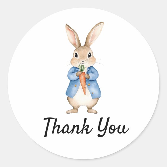 Pegatina Redonda Acuarela Peter Rabbit Gracias Baby Shower (Anverso)