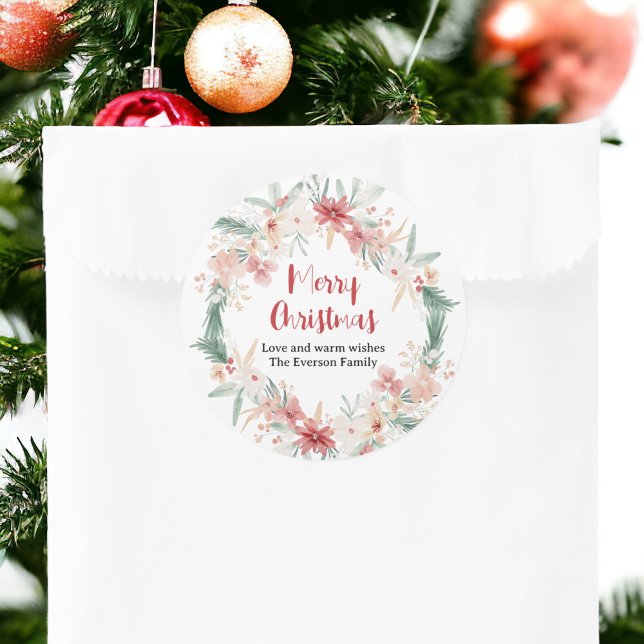 Pegatina Redonda Acuarela pintada a mano Botánica Feliz Navidad (Hand Painted Watercolor Botanical Merry Christmas Classic Round Sticker)