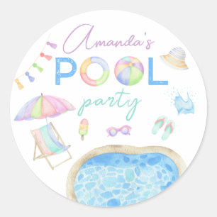 Pegatina Redonda Acuarela Piscina Fiesta Niños Cumpleaños