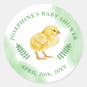 Pegatina Redonda Acuarela Pollito Amarillo Con Baby Shower Verde