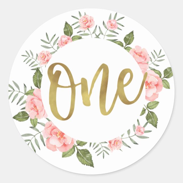 Pegatina Redonda Acuarela Primer Cumpleaños Oro y Floral Rosa (Anverso)