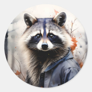 Pegatina Redonda Acuarela Raccoon Animal