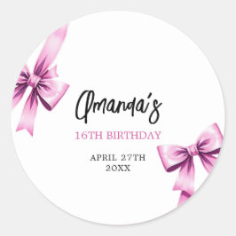 Pegatina Redonda Acuarela Rosa Bows Coquette Sweet 16 Cumpleaños