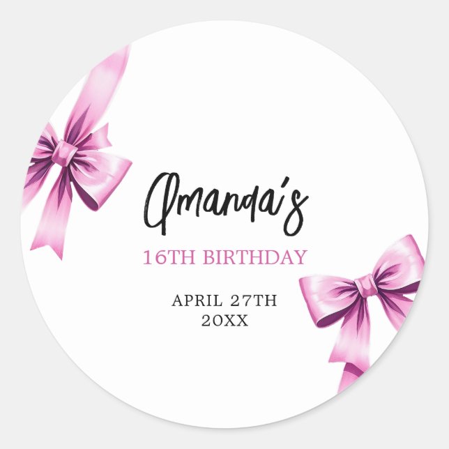 Pegatina Redonda Acuarela Rosa Bows Coquette Sweet 16 Cumpleaños (Anverso)