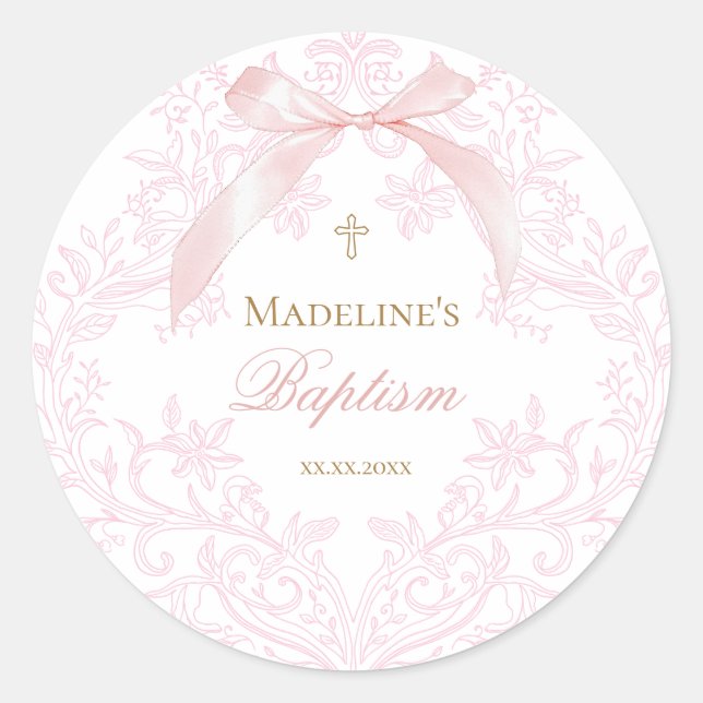 Pegatina Redonda acuarela rosa escudo Bautismo (Anverso)
