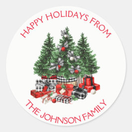 Pegatina Redonda Acuarela Rustica Felices Fiestas Árboles de Navida