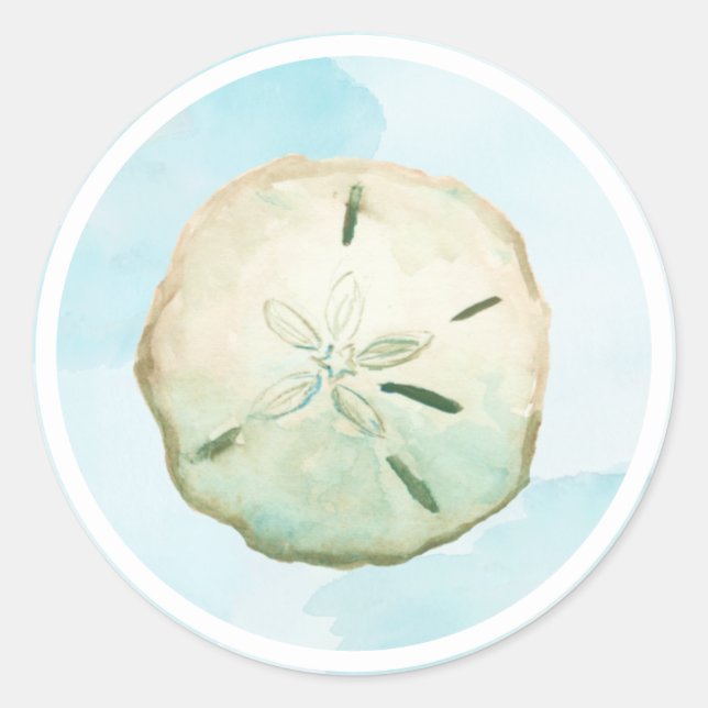 Pegatina Redonda Acuarela Sand Dollar Beach Blue (Anverso)