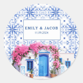 Pegatina Redonda Acuarela Santorini Grecia azul boda y blanco