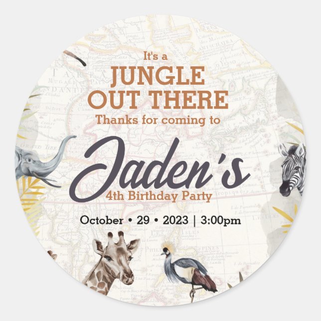 Pegatina Redonda Acuarela Selva Animal Cumpleaños Gracias (Anverso)