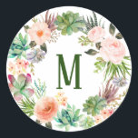 Pegatina Redonda Acuarela Suculenta Monograma de floral de flor<br><div class="desc">Sucultores de acuarela Pegatina de monograma de floral | pegatina de Personalizable con suculentos acuarelas y corteza de cactus con acento floral. Este pegatina floral es perfecto como regalo personalizado. Añadir como sello para tarjetas,  invitaciones y documentos personales.</div>