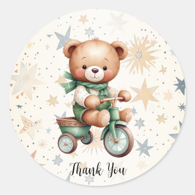 Pegatina Redonda Acuarela Teddy Bear Stars Green Bike Fiesta (Anverso)