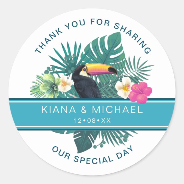 Pegatina Redonda Acuarela Tropical con Toucan Gracias ID577 Verde a (Anverso)