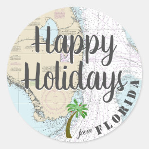 Pegatina Redonda Acuarela tropical Felices Fiestas de Florida