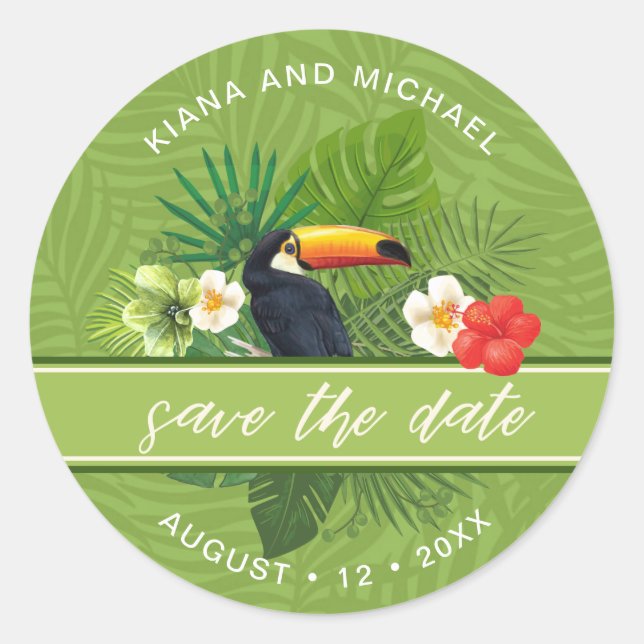 Pegatina Redonda Acuarela Tropical Save the Date Green ID577 (Anverso)